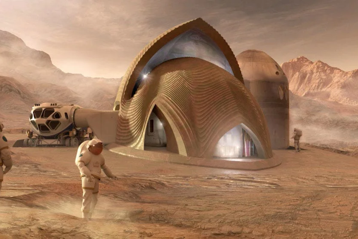 Artist illustration of Astronauts living on Mars with a habitat shown