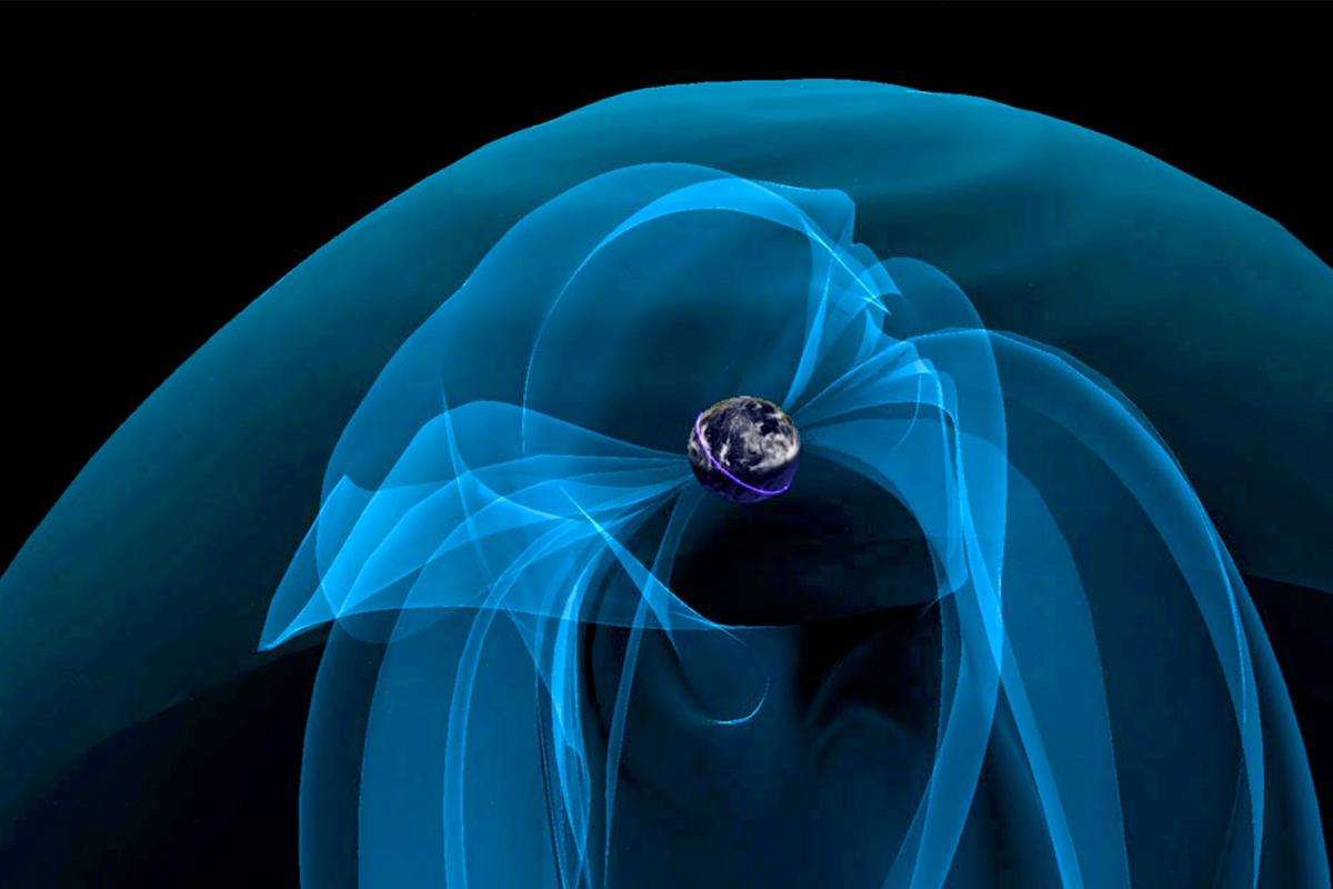 Still image of film with earth with aurora and arcs of blue magnetic fields