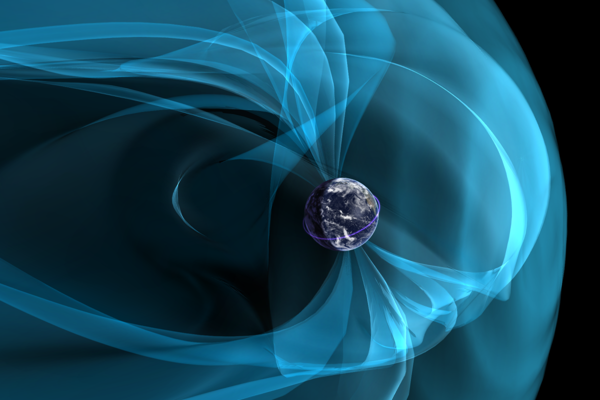 Still image from film showing earth and colorful aurora and magnetosphere belts