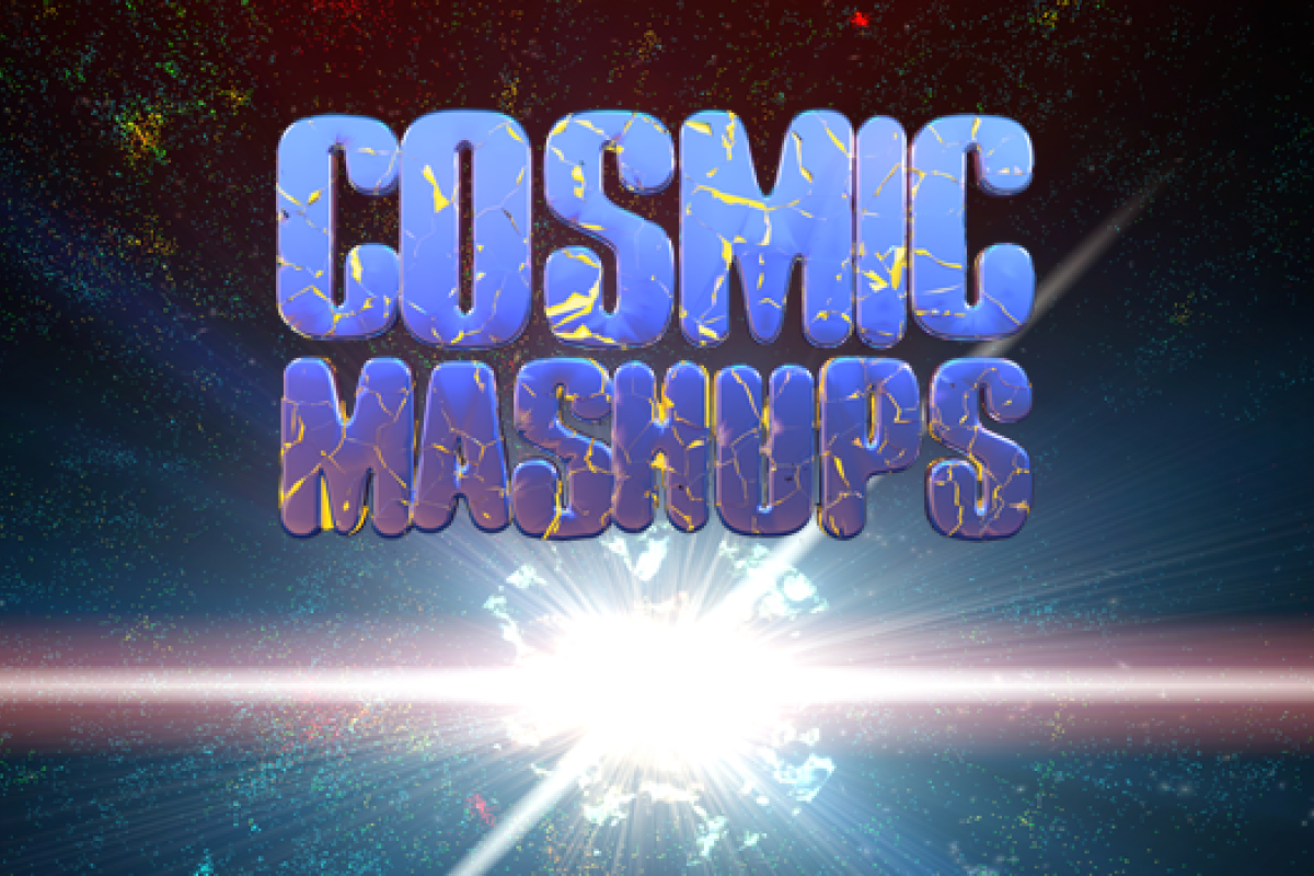 Cosmic mashups text with a quasar galaxy towards the bottom
