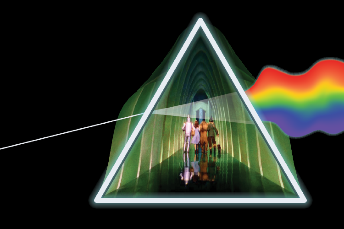 Characters from Wizard of Oz walking towards emerald city with pink floyd pyramid and rainbow