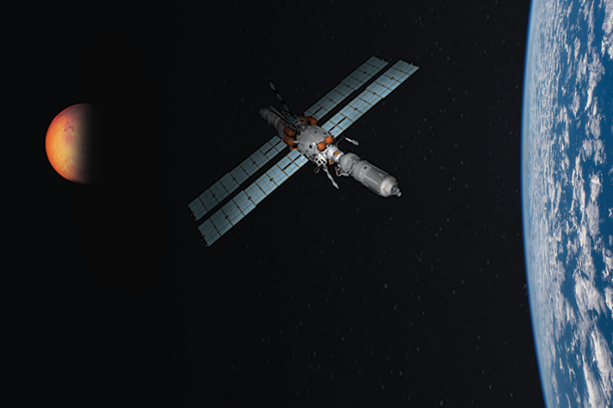 Image with mars to the left, ISS in the center and limb of earth to the right