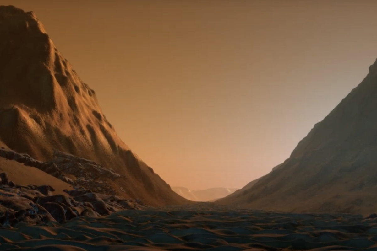 Still image from film of a canyon on mars
