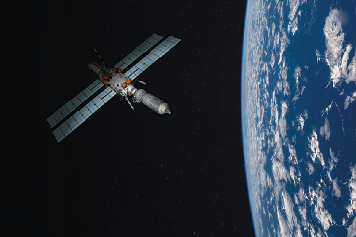 Earth limb on the right with ISS and Mars to the left not to scale