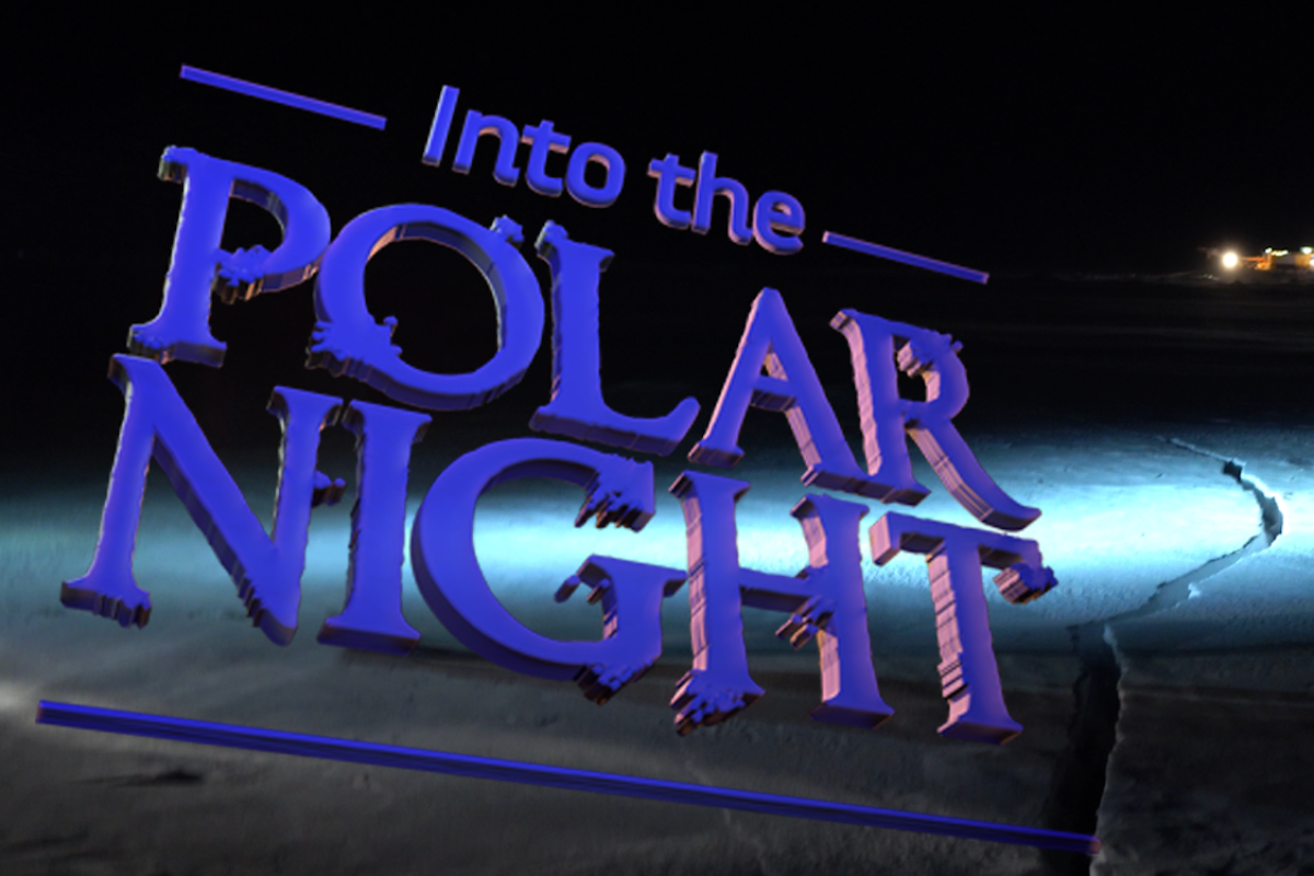 Large ship in the ice during nighttime with text into the polar night