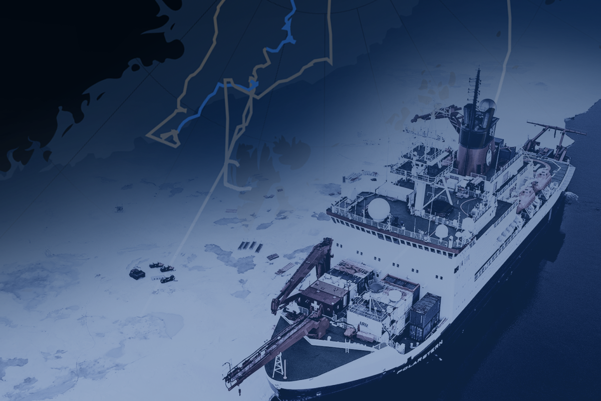 Blue and white shaded graphic of a ship in the ice with a map of their route
