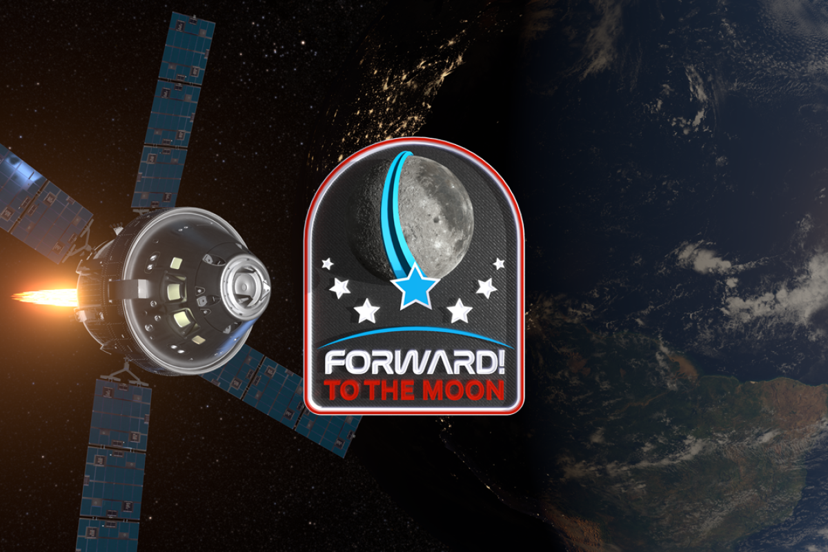 Still image from the film with forward to the moon logo and a dragon capsule in orbit around earth