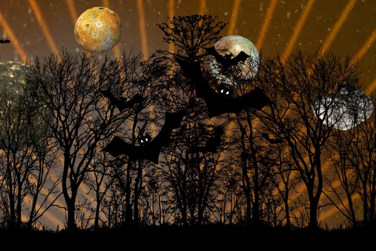 Moons in the background with bats, black trees, haunted house and orange lasers