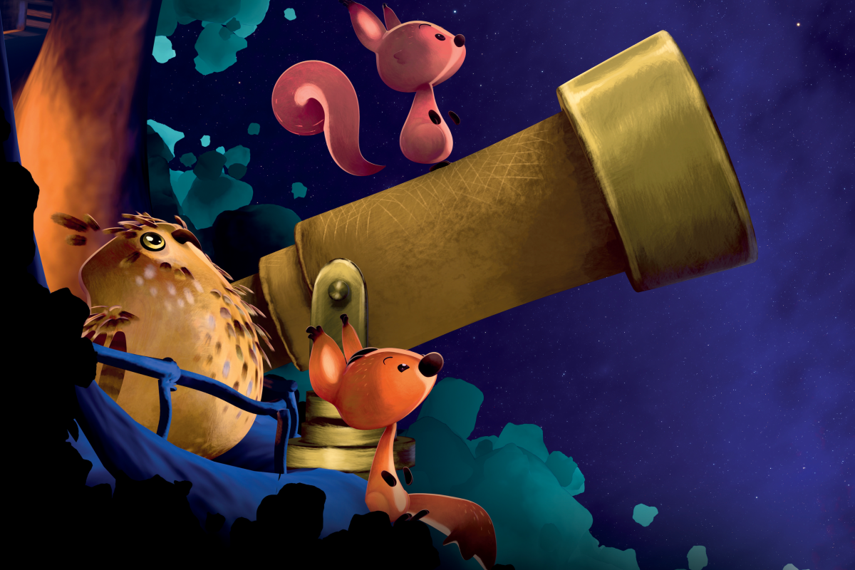 Still image from film of two squirrels and owl looking through a telescope from a tree