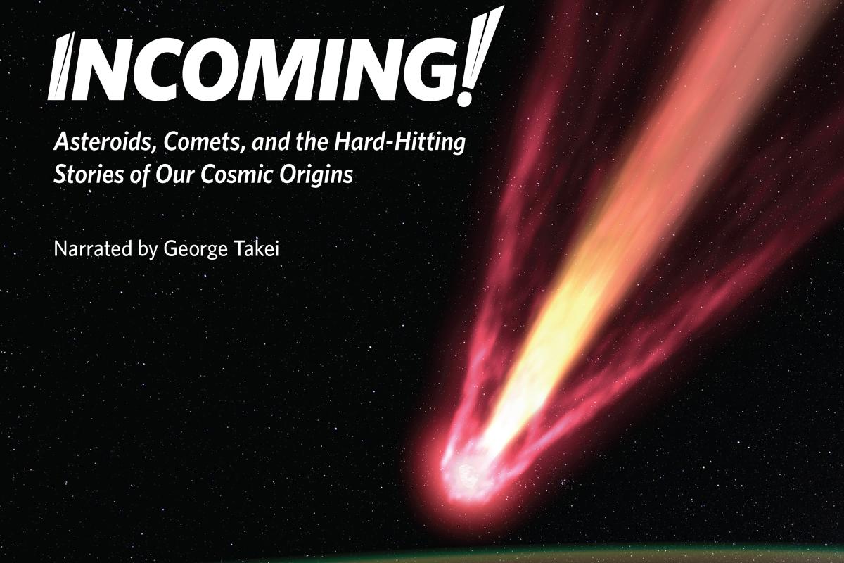 Incoming text with comet coming into earth's atmosphere down below can see city lights and atmospheric air glow