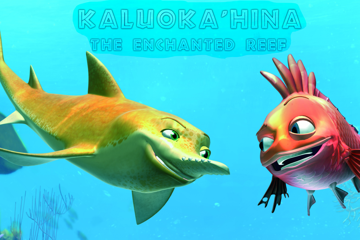 Still image from film of two fish in coral reef with text kaluokaíhina the enchanted reef