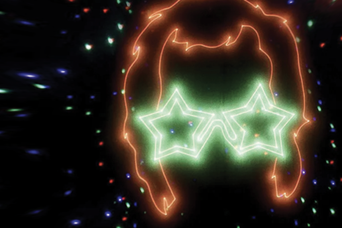 Graphic of elton john with green starry glasses all drawn in lasers