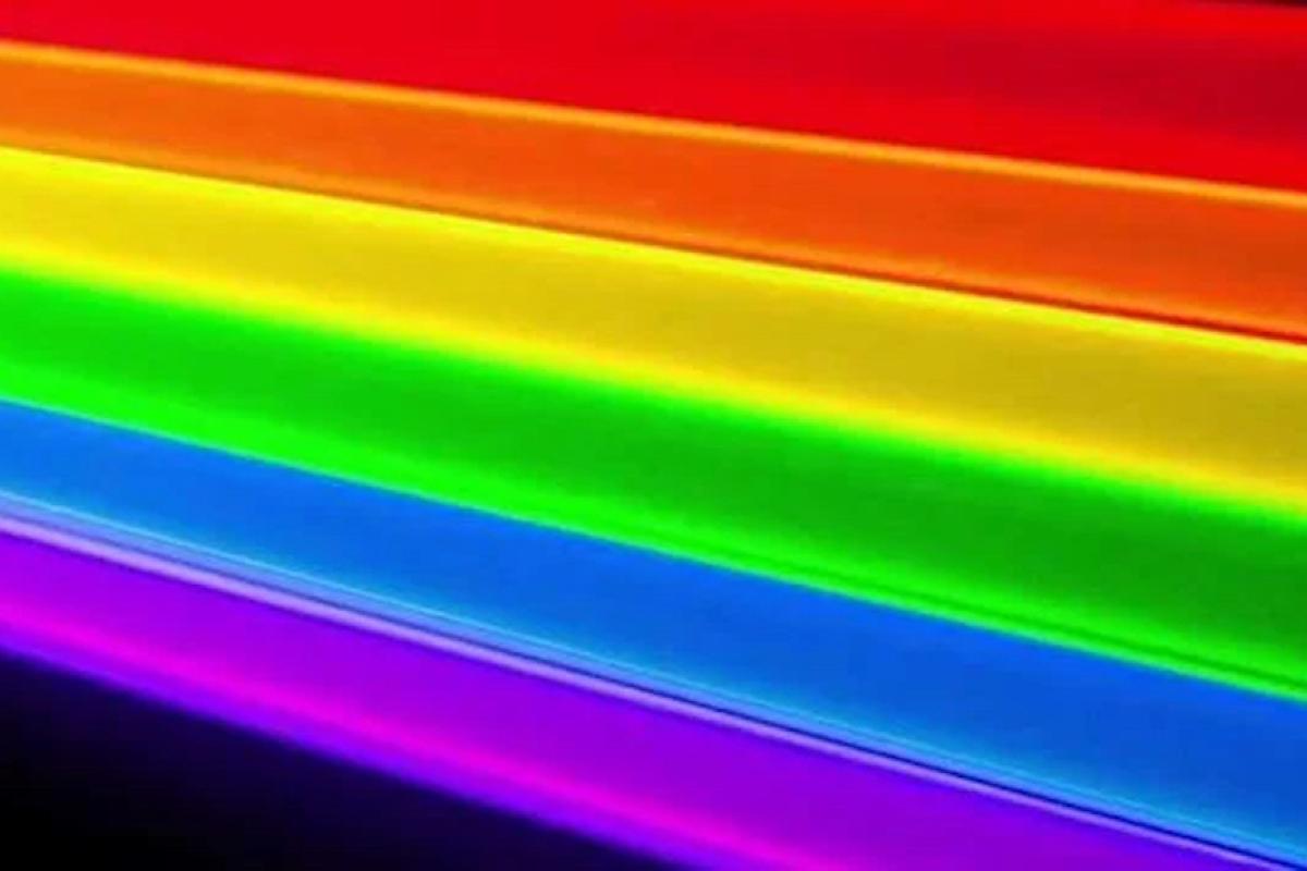 Laser rainbow at an angle with red on top and purple on bottom