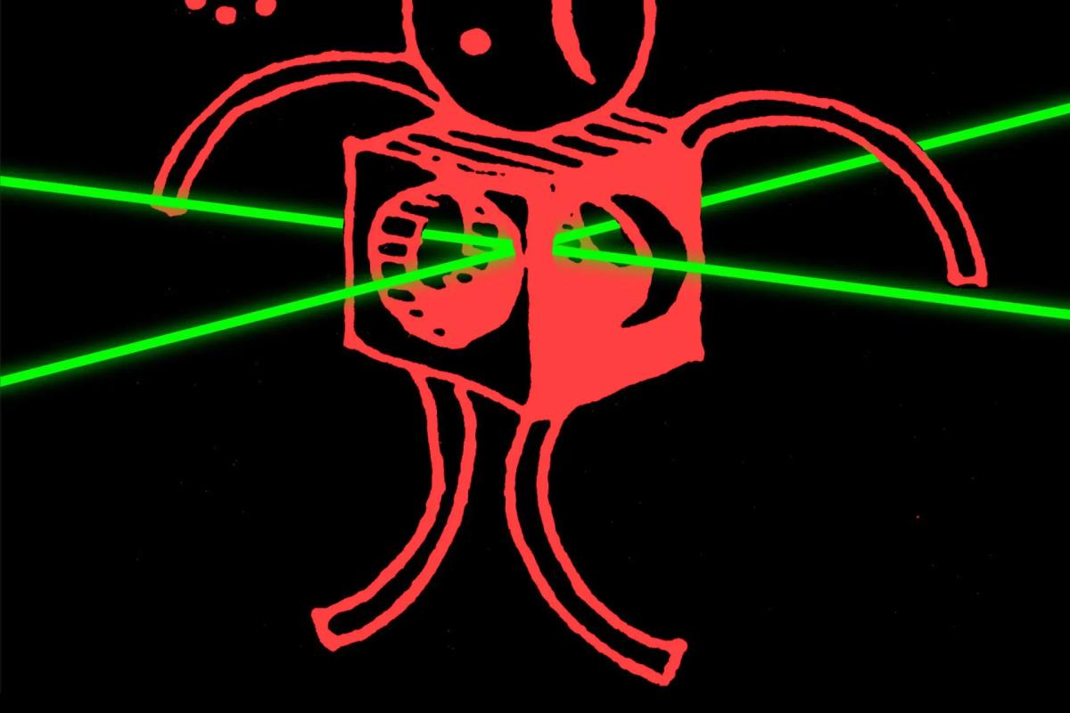 Graphic of robot drawn in lasers with head tilted