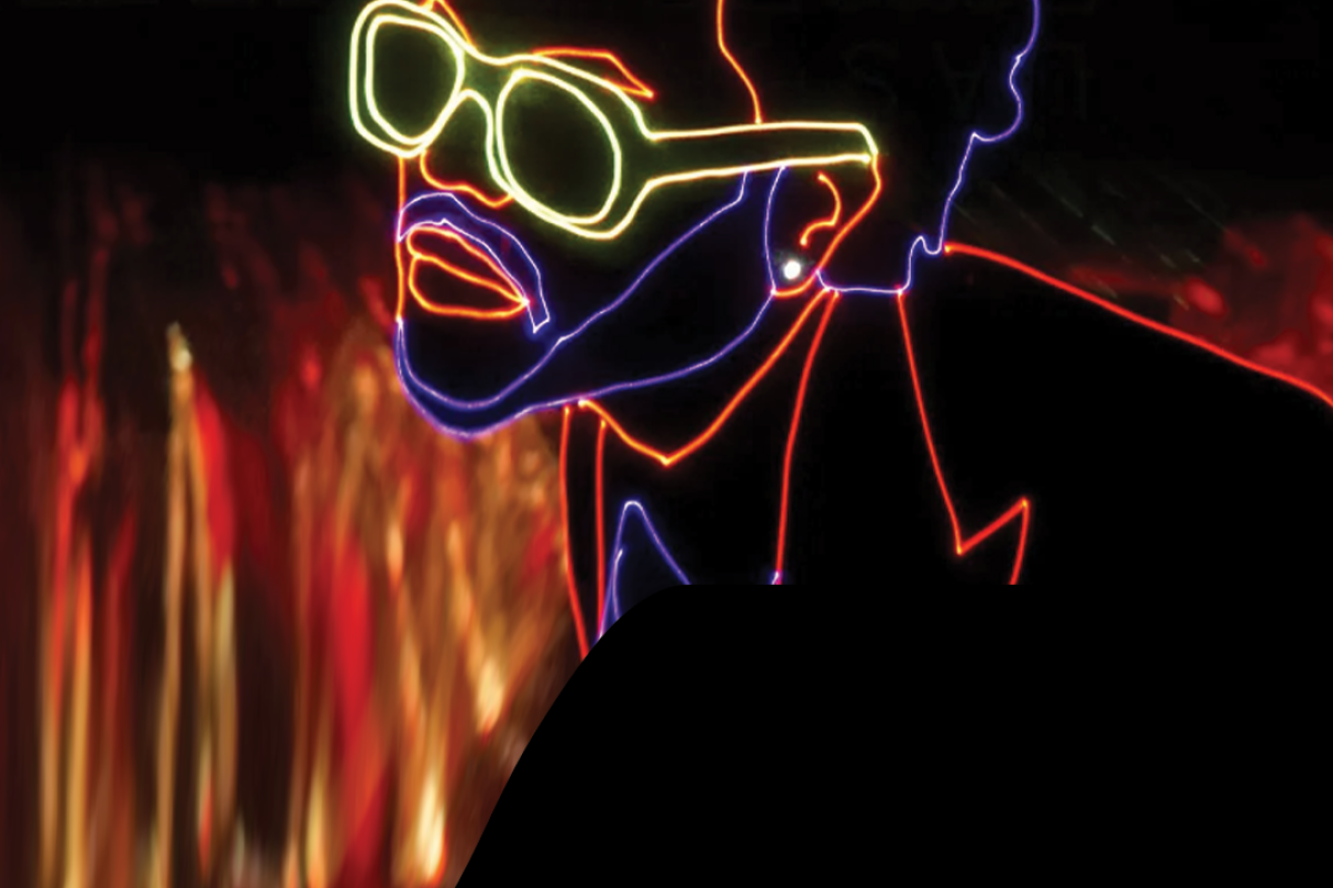 Artists face with glasses drawn with purple, red and orange lasers