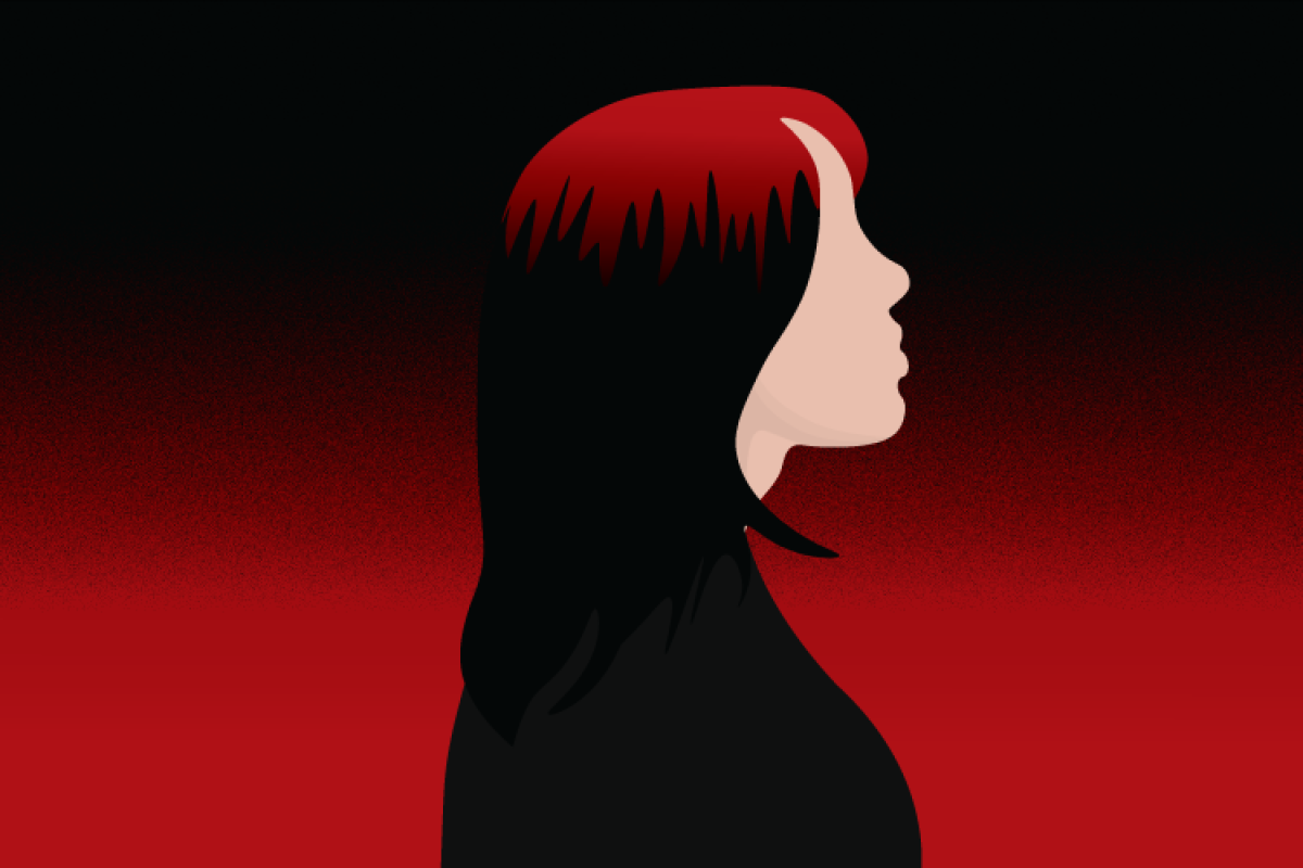 Artist illustration of a silhouette of Billie Eilish in reds and blacks