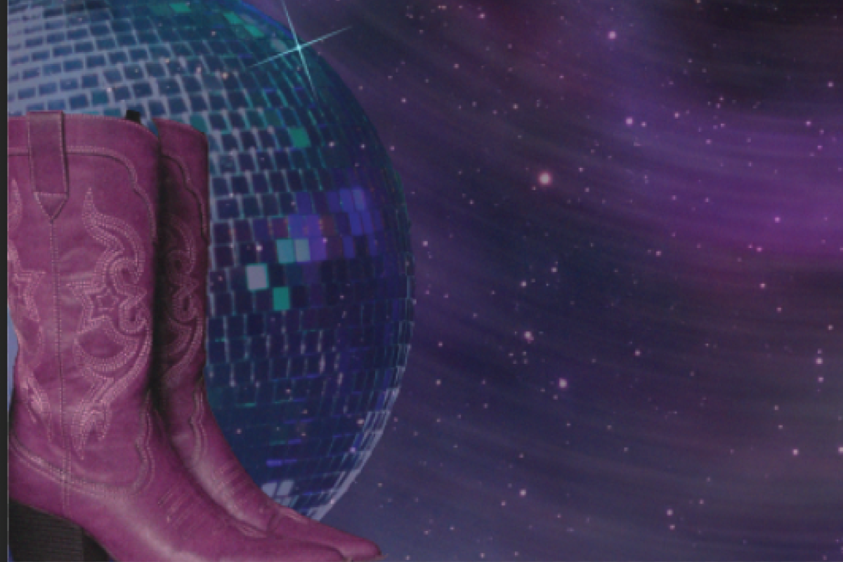 Pink cowboy boots with disco ball and butterfly with a purple pink starry blurred sky
