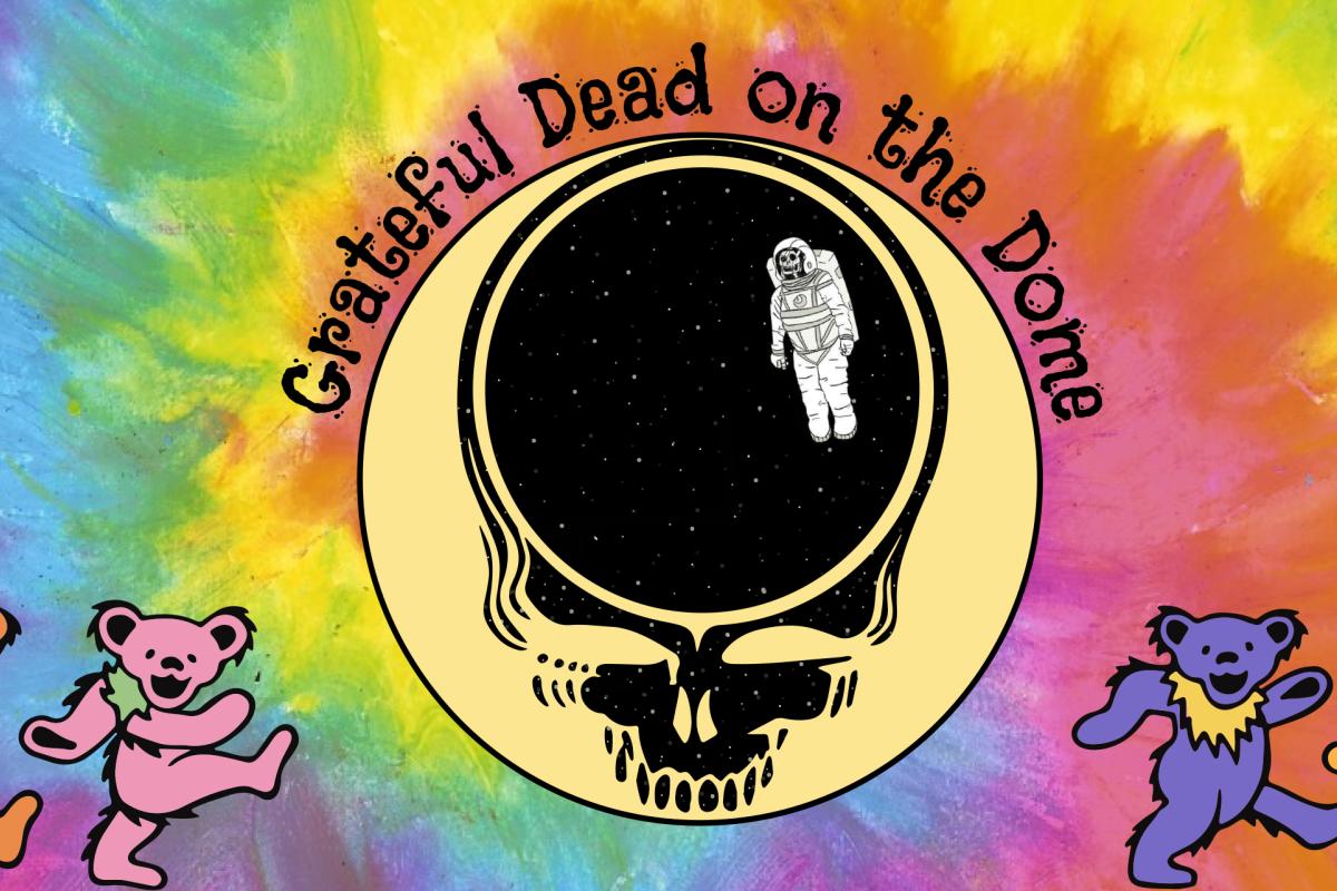 Grateful Dead on the dome with astronaut within logo surrounded by tie dye graphic in pastels
