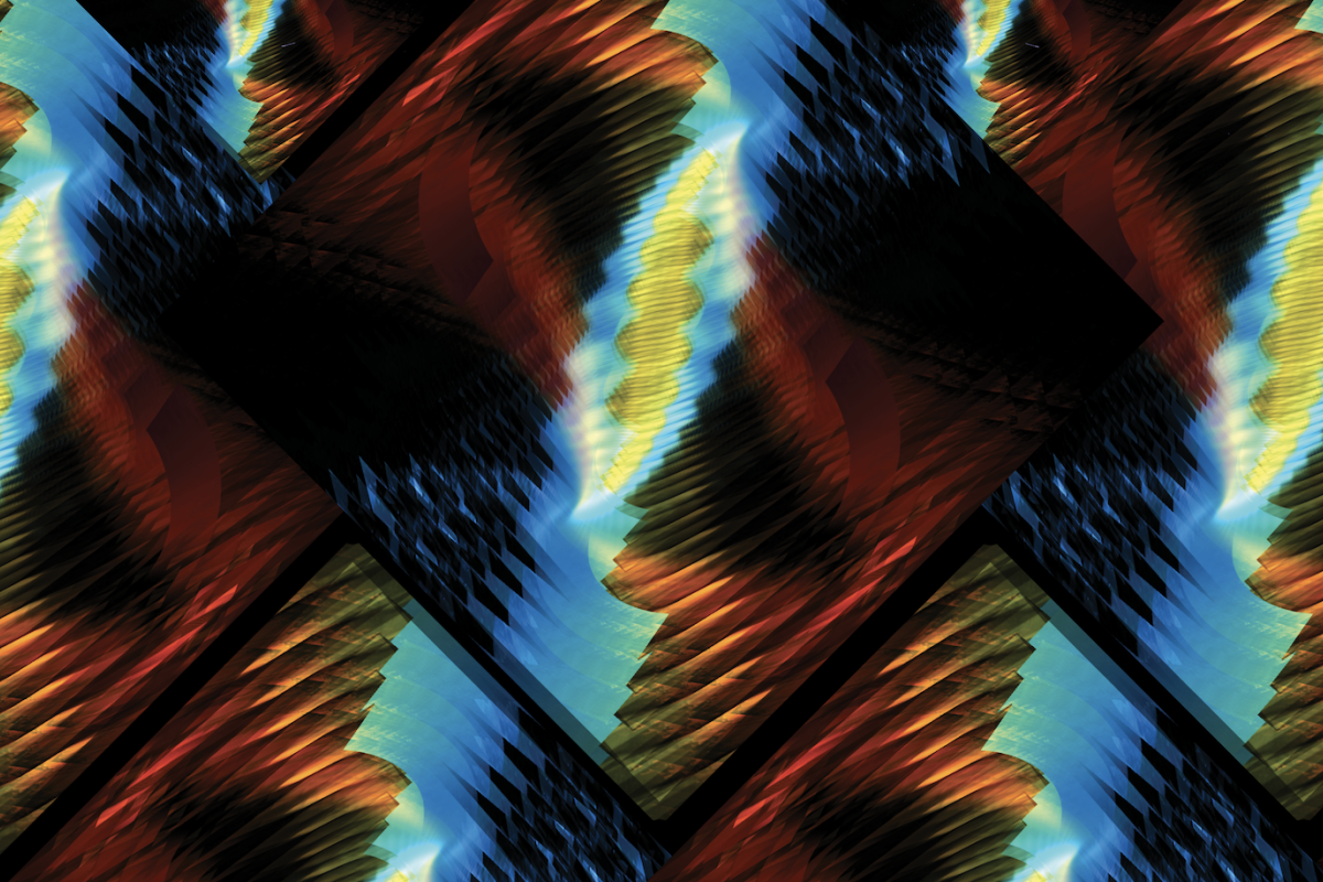 Repeated laser stick images with gold, orange and blues in a triangle shape