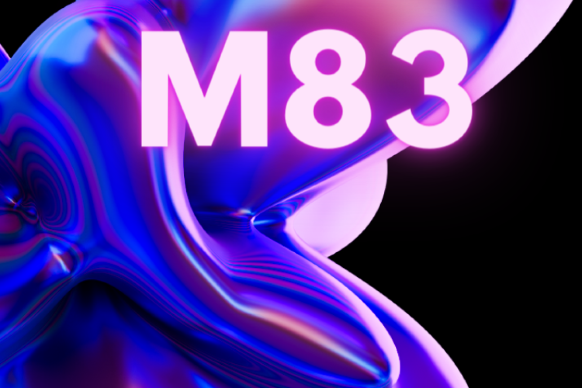 Text M83 in pink with a liquid metallic purple blue image