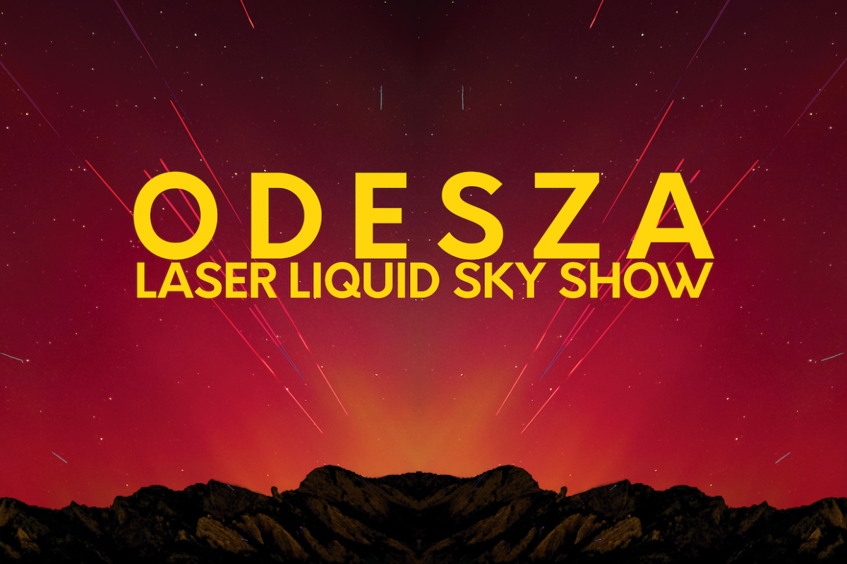 Mirror image of the flatirons and the aurora borealis and odesza in golden colored text