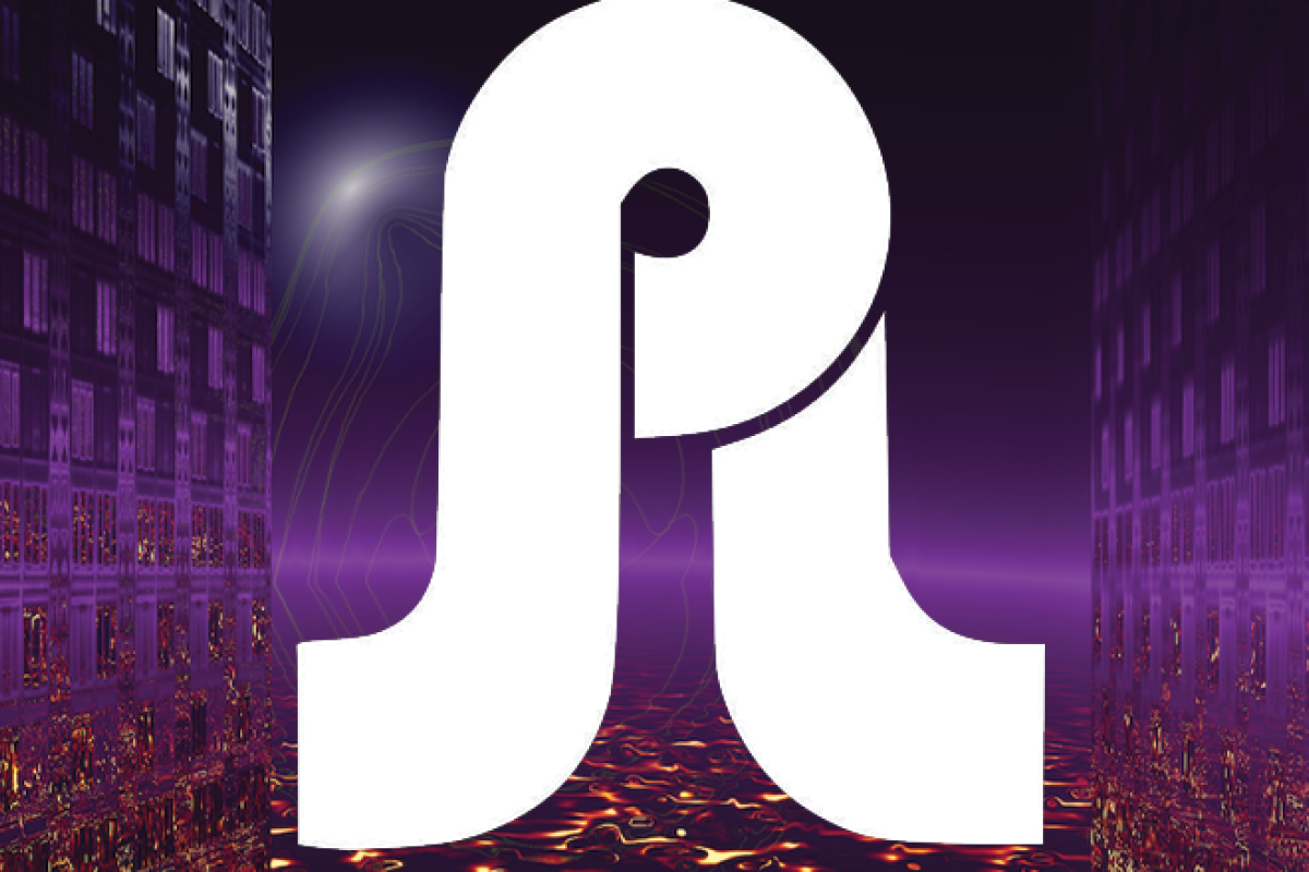 Liquid sky image with purple buildings and trippy sky and PL inspired logo