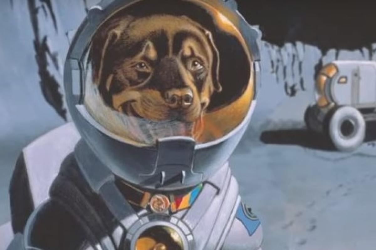 Still image from the film of a dog astronaut on the moon