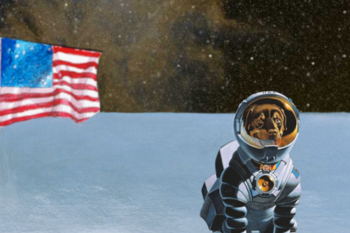 Still image from film of a dog astronaut and two other astronauts on the moon american flag in view