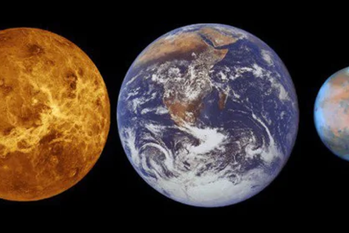 From left to right NASA photos of Venus Earth and Mars not to scale