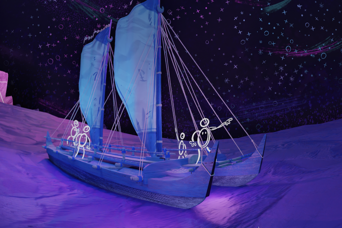 Still image from film of illustration of a sailing ship with stick figures aboard looking at the stars