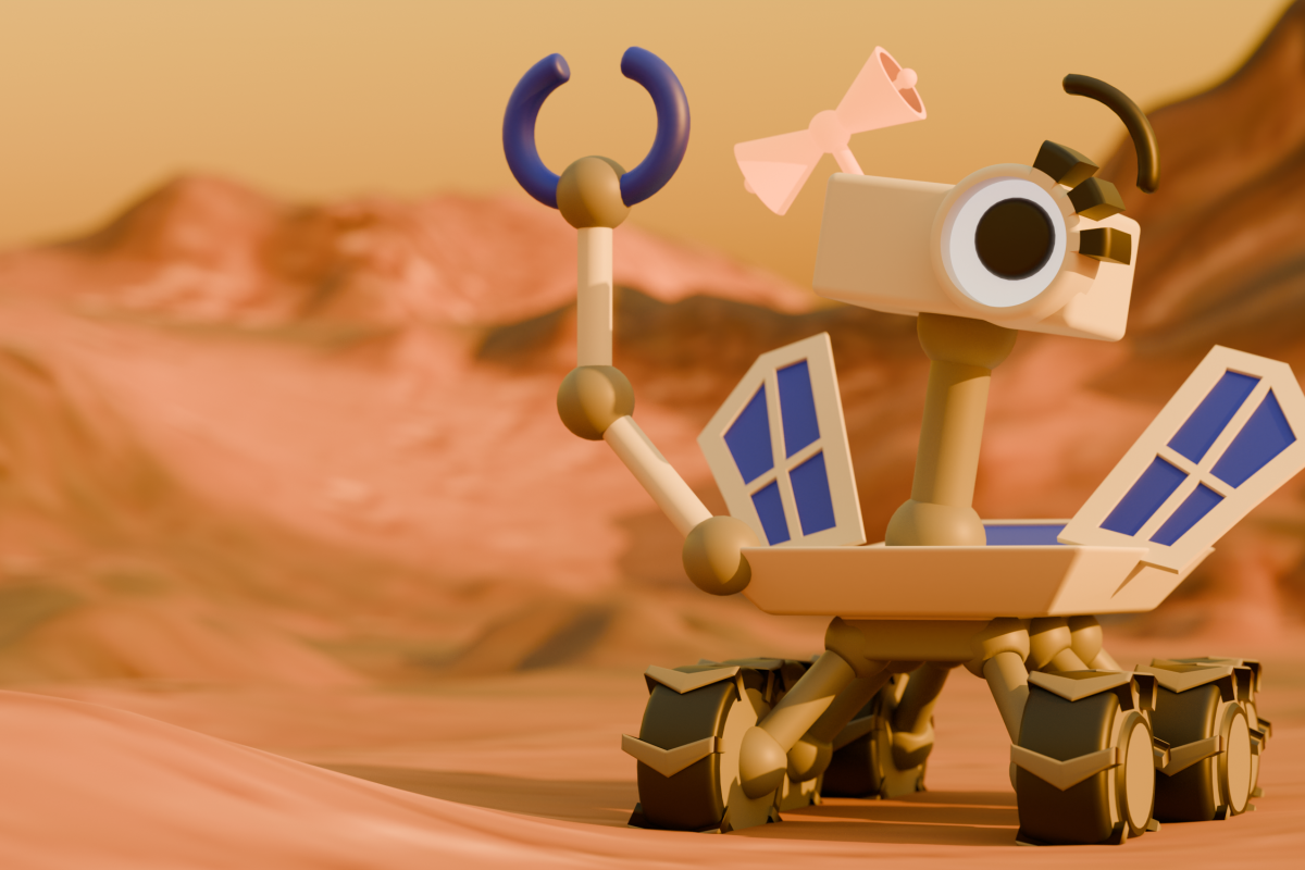 Still image from film of a robot on the surface of mars