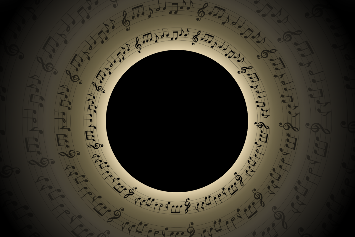 Music notes swirling around a black hole in space