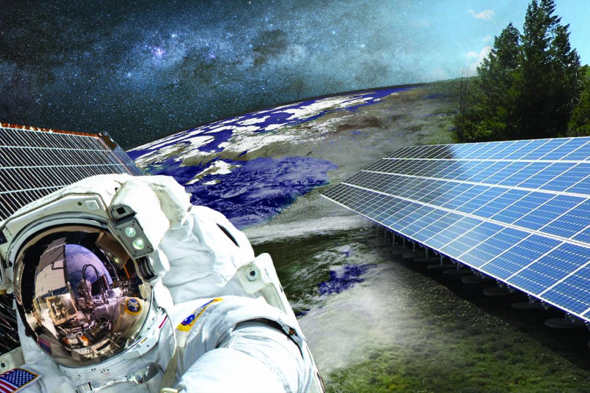 Graphic of an astronaut during a spacwalk next to a solar panel which merges into a earth based solar panel in a field with trees