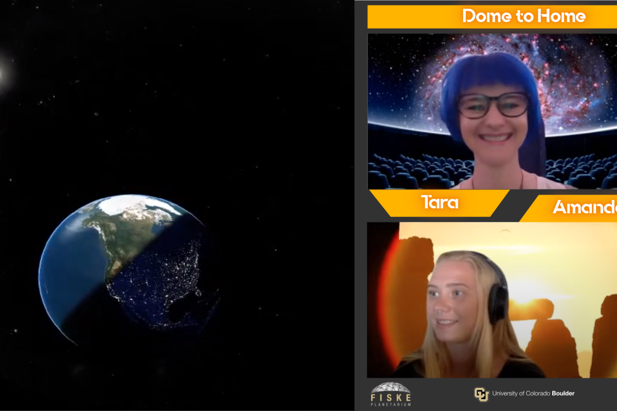 Screen capture of a Dome to Home virtual program with a presenter and navigator. Earth is in a square box to the left showing what would normally be displayed on our dome