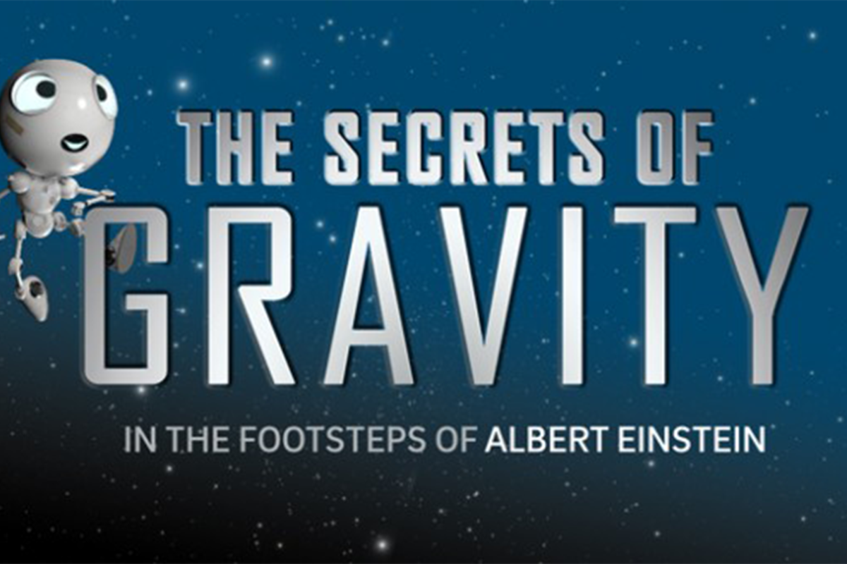 Boy on a skateboard with magic wand and a floating robot with the secrets of gravity text