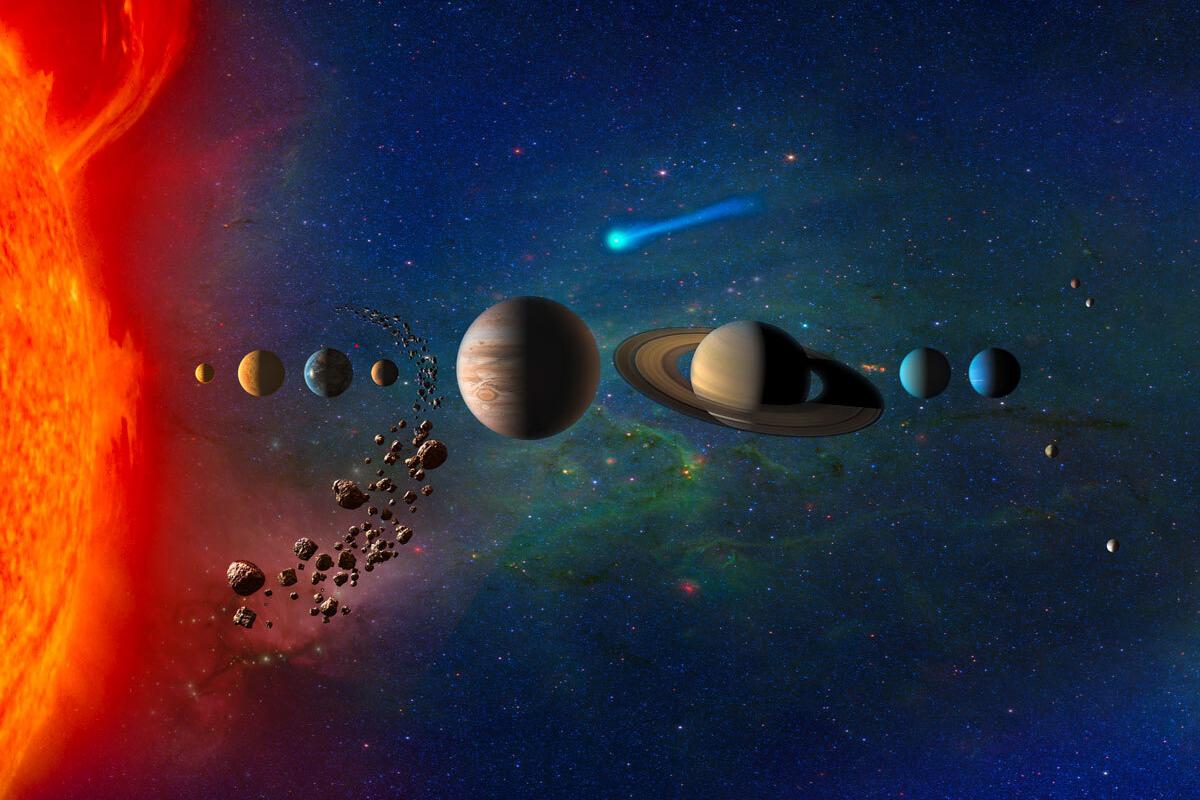 Illustration of the solar system with sun and planets not to scale