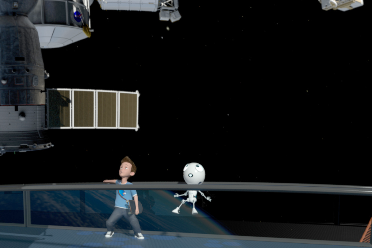 Still image of film of two characters looking up at ISS