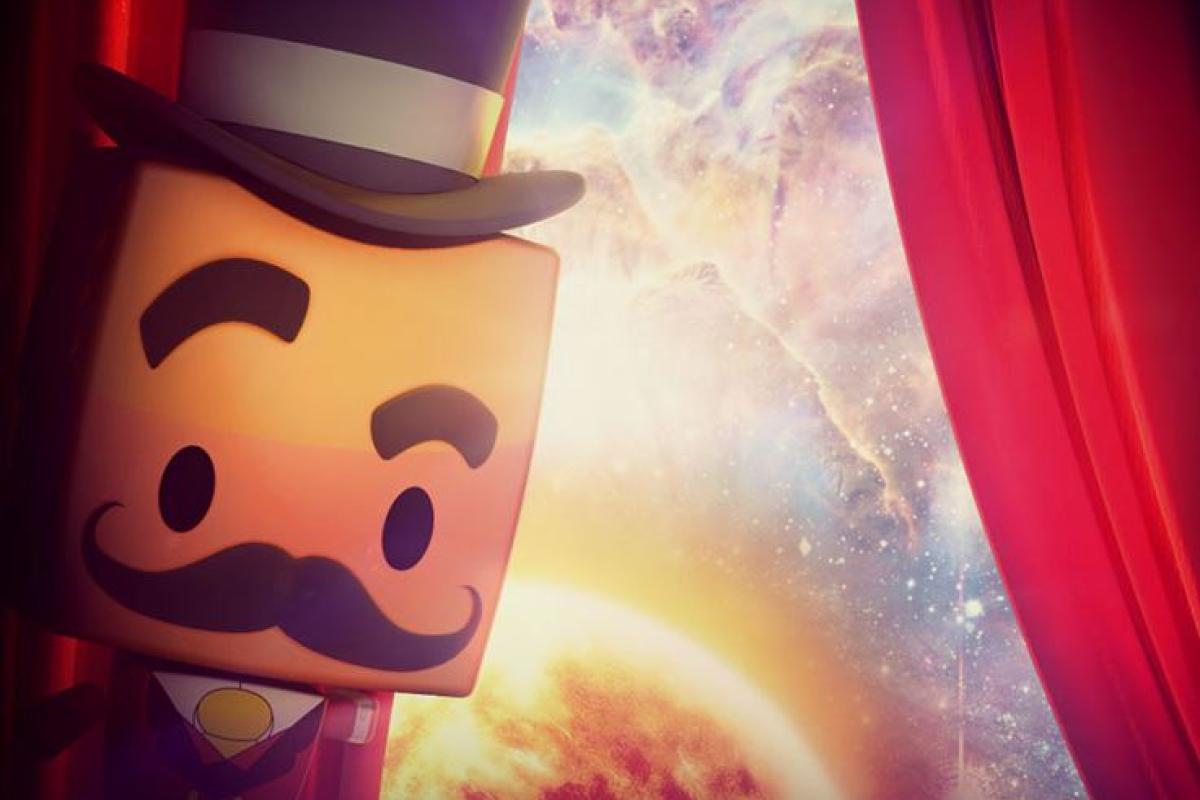 Still image from film of cartoon character wearing a top hat pulling back a red curtain with a sun and space behind