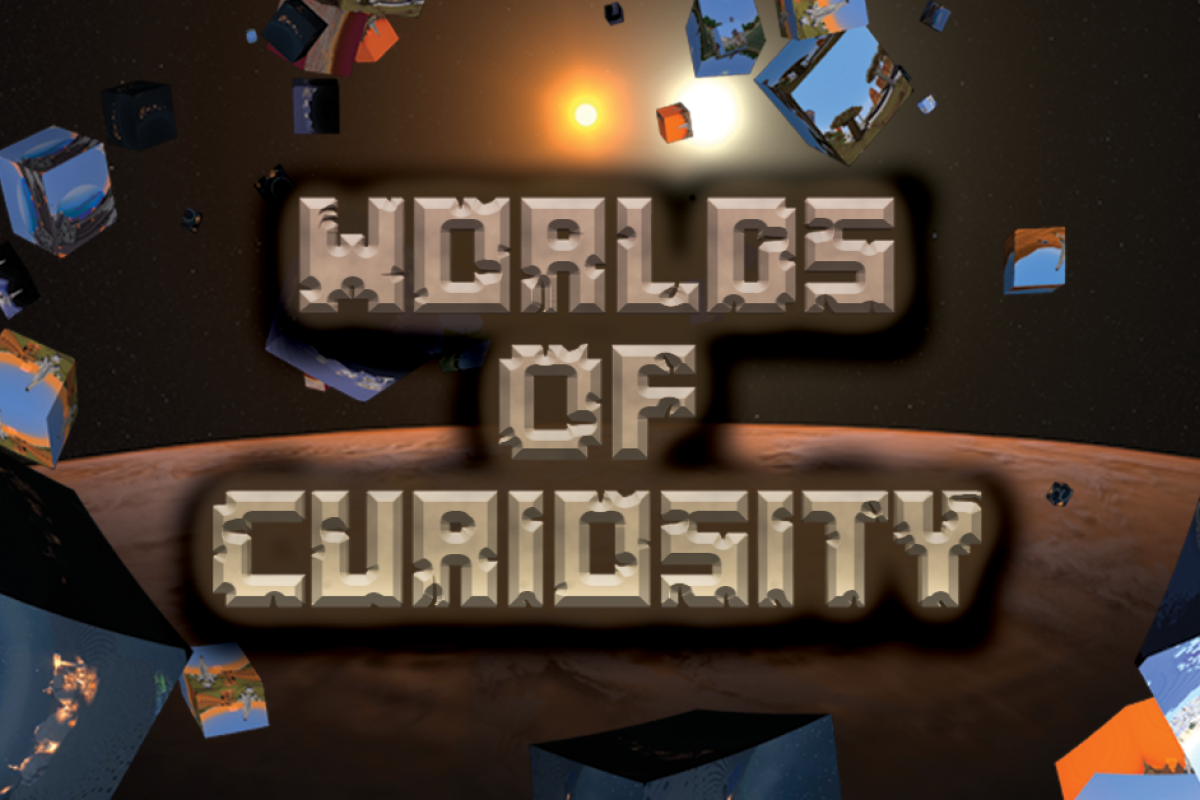 Worlds of curiosity text in stone font with mars like planet with two suns in the background