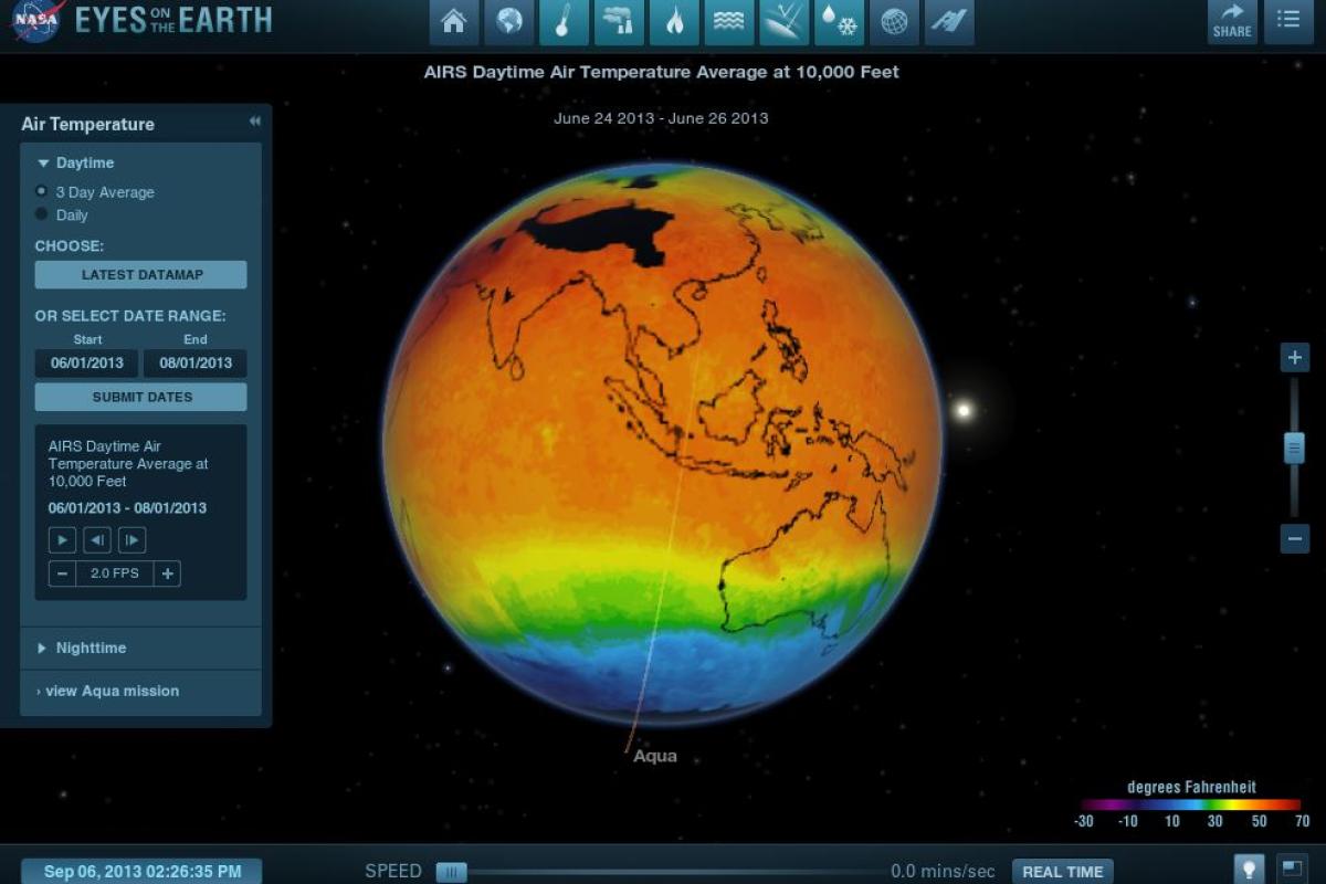 Screen of an image of earth with different functionality options with in program