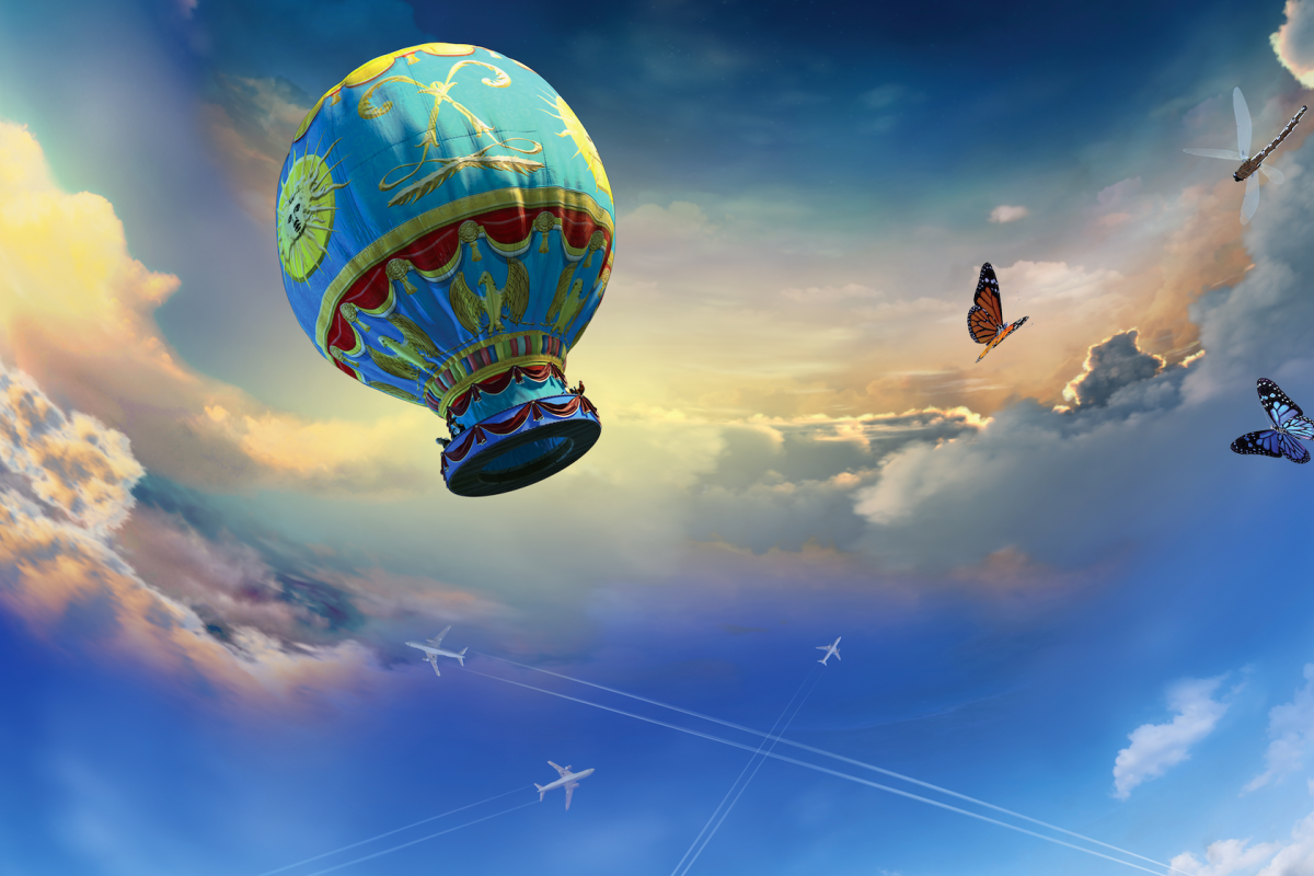 Scene from the film with hot air balloon, butterflies and dragon fly
