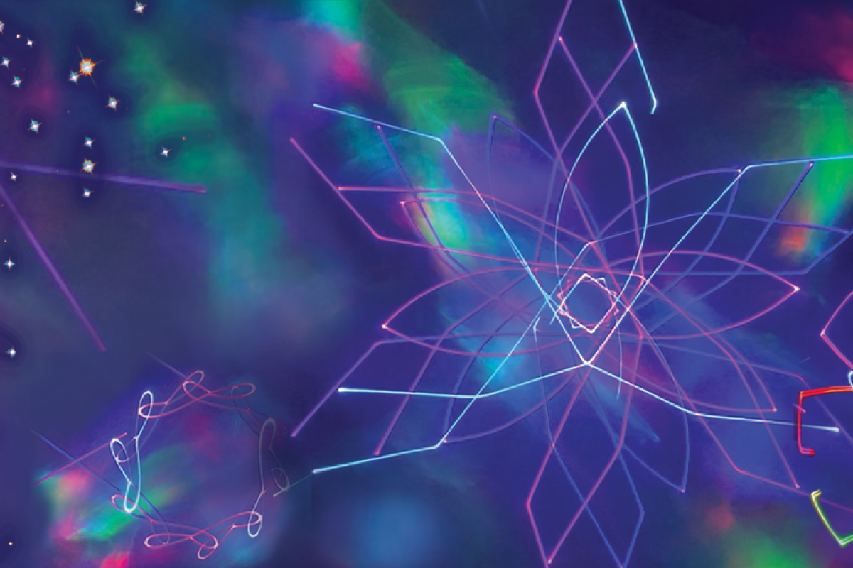 Laser graphic with snowflakes and aurora colors in the background