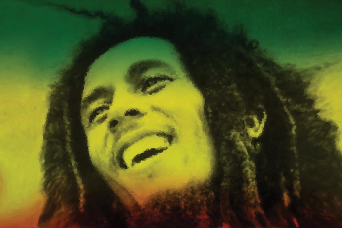 Image of the artist with green, yellow and red colors