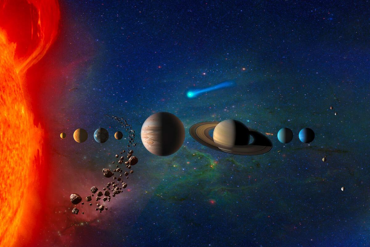 Artist illustration of all the planets in solar system with sun to left not to scale