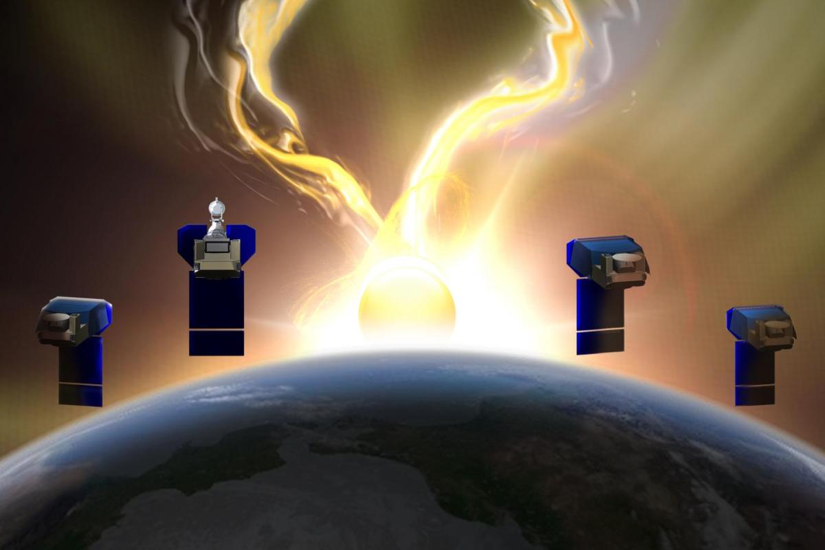 Artist graphic for four satellites in orbit around the earth with solar flares and aurora in view overhead
