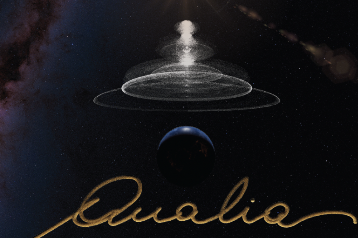 Milky Way with white orbs and qualia in gold text