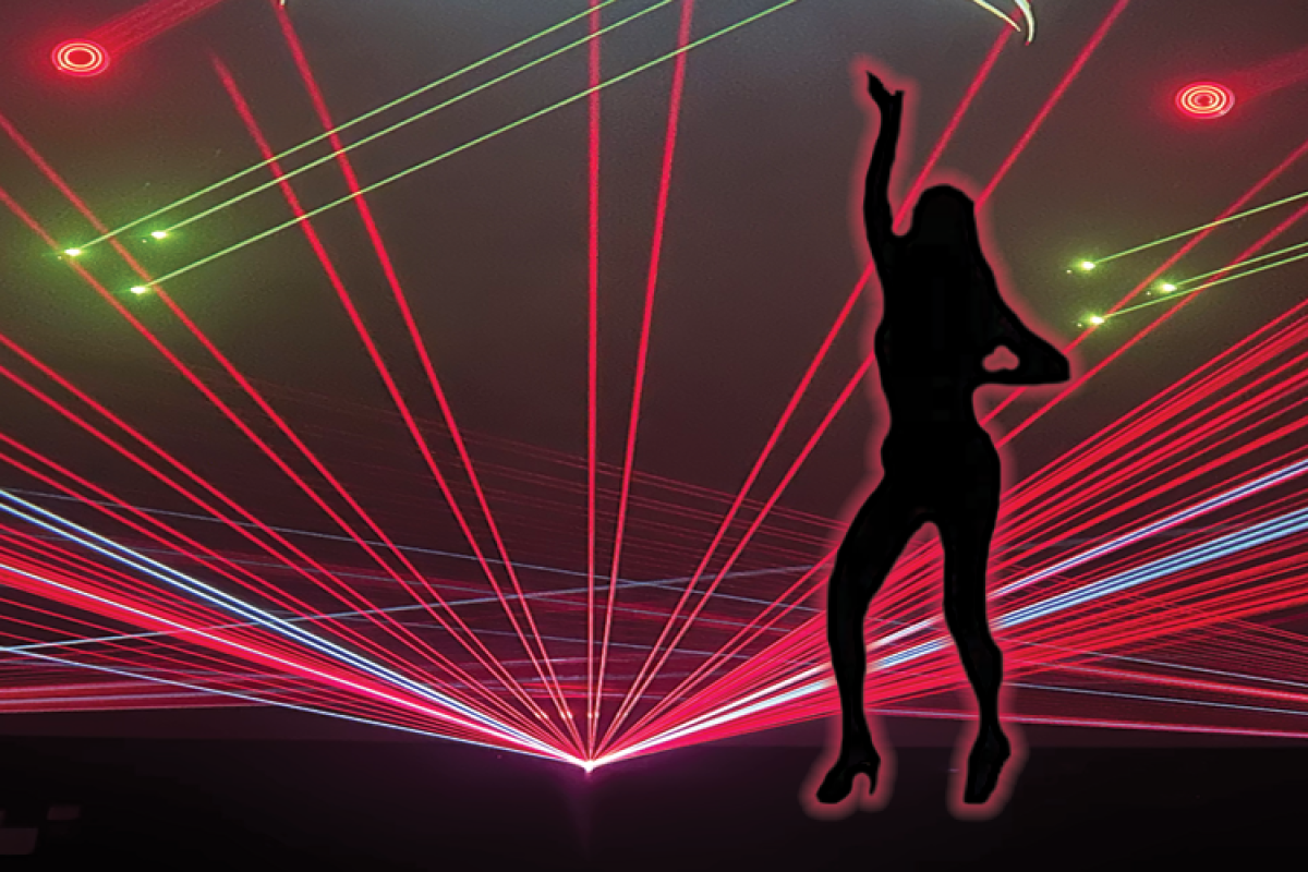 Red, pink and green laser background with silhouette of Beyonce