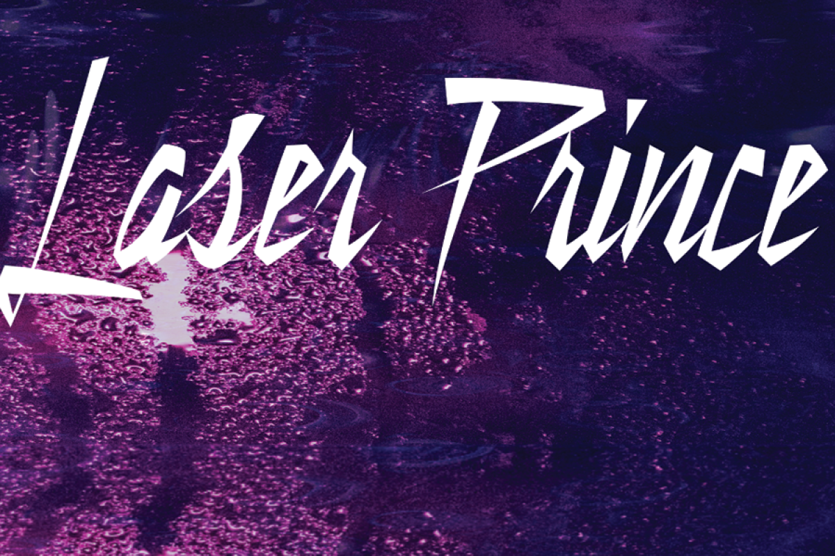 Purple water colored graphic with text laser prince