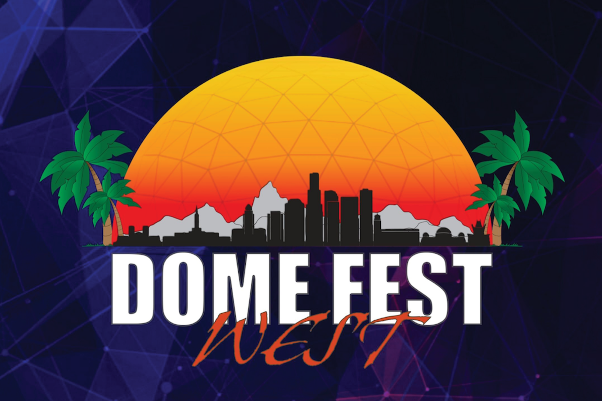 Dome Fest West logo with a setting sun, palm trees, mountains and city outline