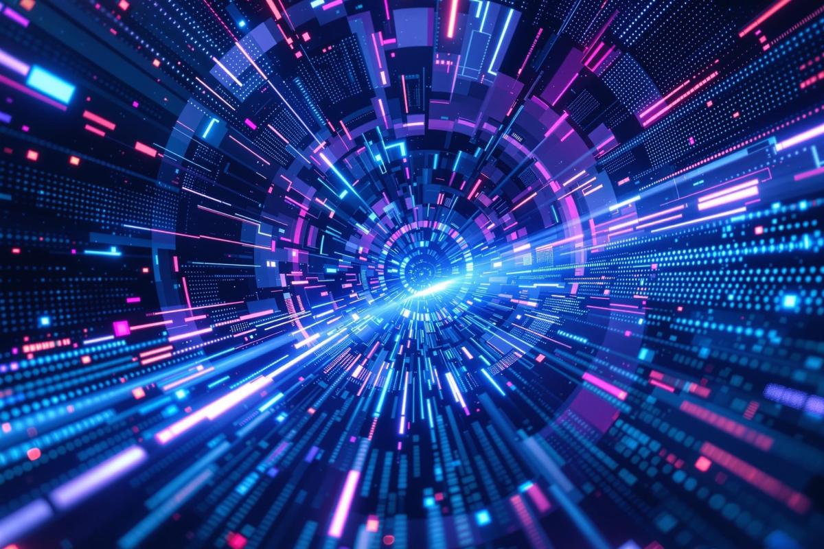 Abstract image of lights and lasers in swirl with blue, pinks and oranges